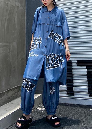 Lightweight and Cool Summer Blue Suit Short Sleeve + Pants Two-pieces