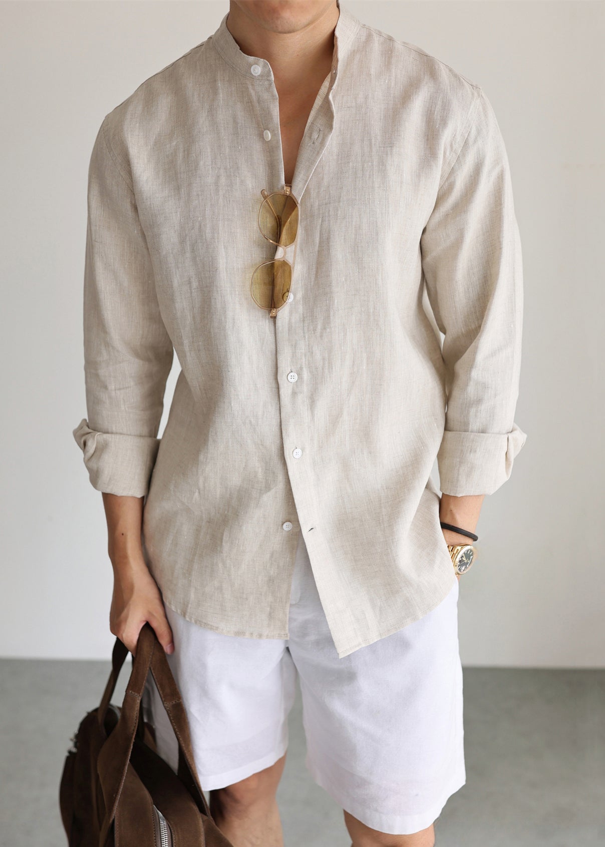 Linen Button Solid Mens Shirts Stand Collar Long Sleeve