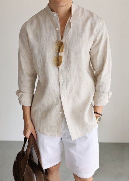Linen Button Solid Mens Shirts Stand Collar Long Sleeve