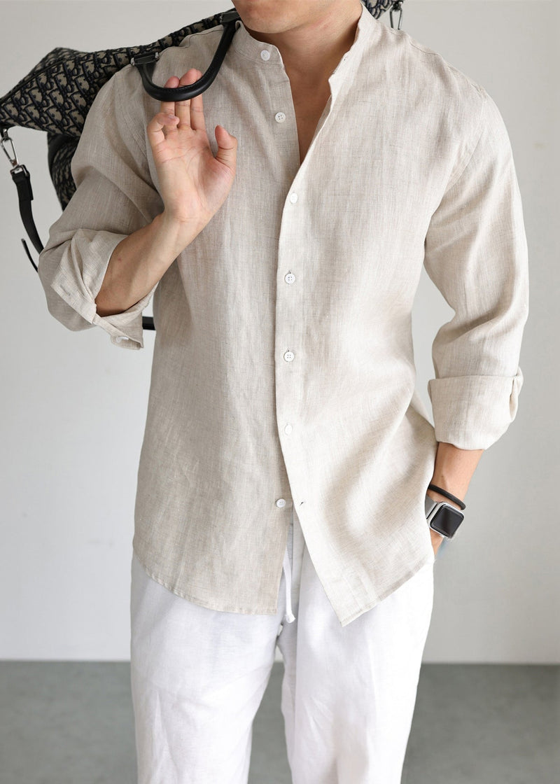 Linen Button Shirts Stand Collar Long Sleeve