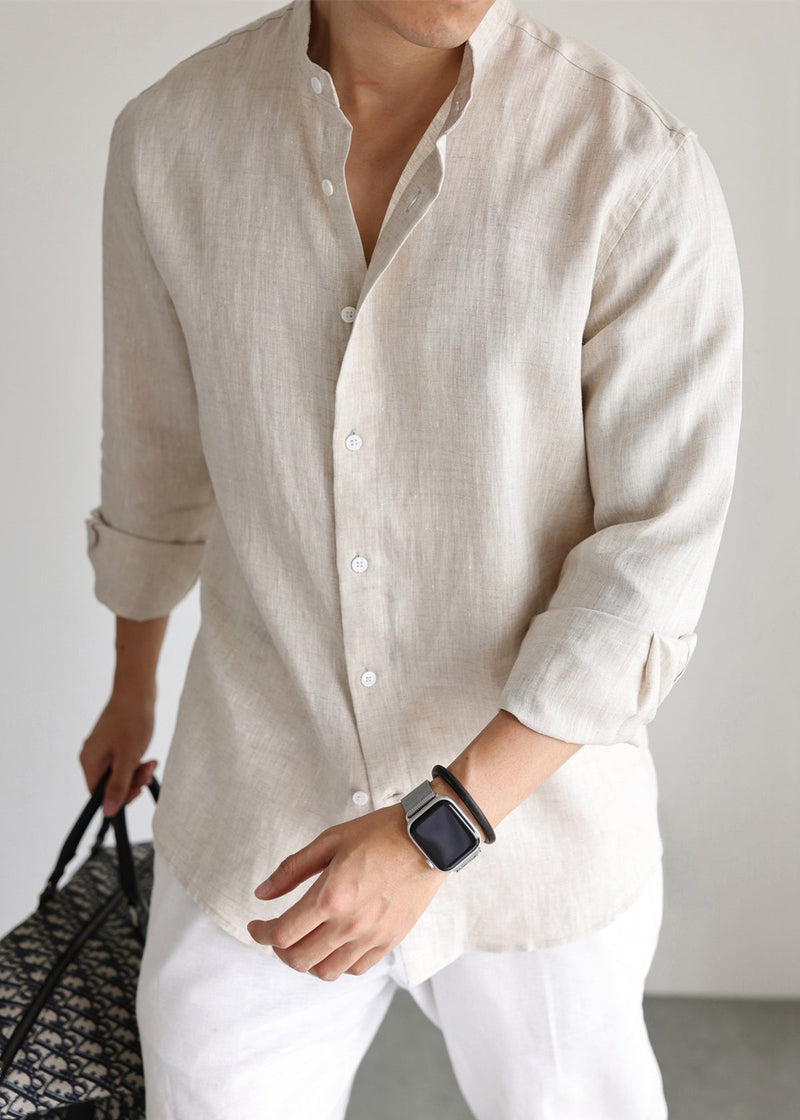 Linen Button Shirts Stand Collar Long Sleeve