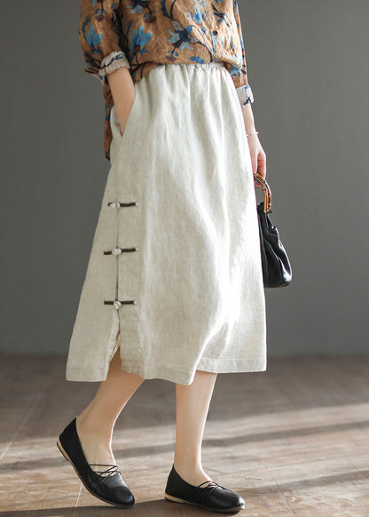 Linen Colour Side Open Linen a Line Skirt High Waist Drawstring Summer