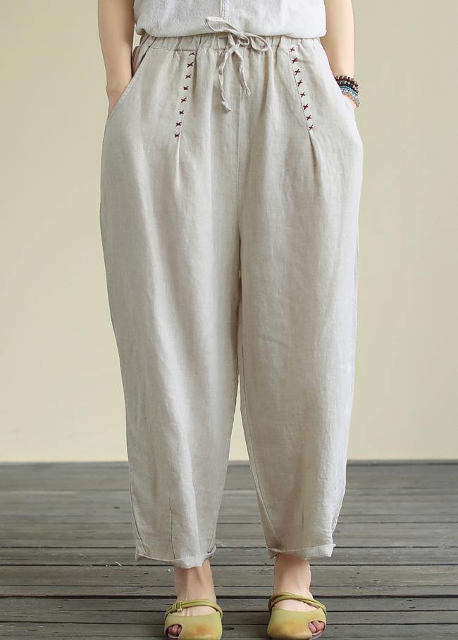 Literary Beige Large Size Elastic Waist Hemp Cropped Pants