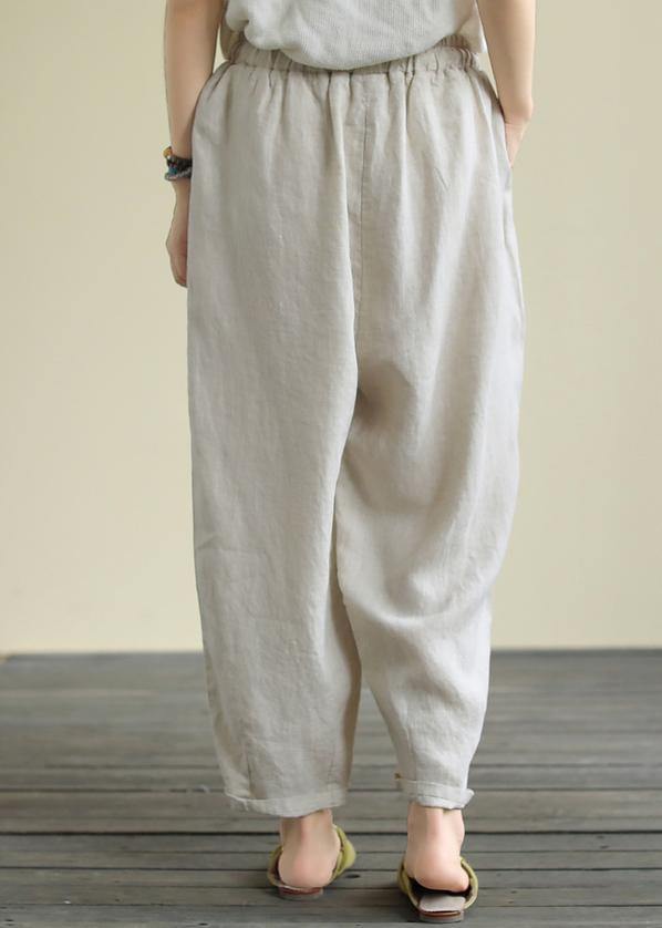 Literary Beige Large Size Elastic Waist Hemp Cropped Pants