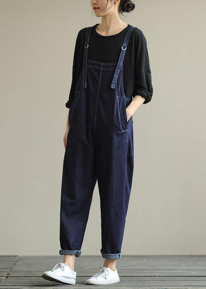 Literary Loose Denim Suspenders Adjustable Cropped Trousers