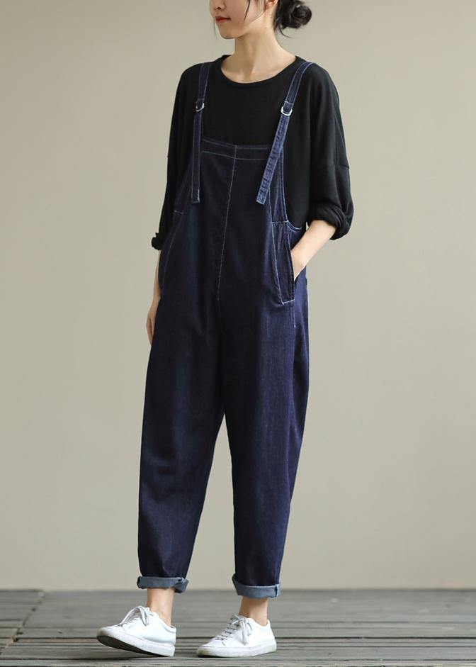 Literary Loose Denim Suspenders Adjustable Cropped Trousers