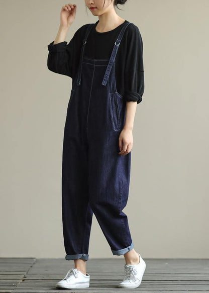 Literary Loose Denim Suspenders Adjustable Cropped Trousers