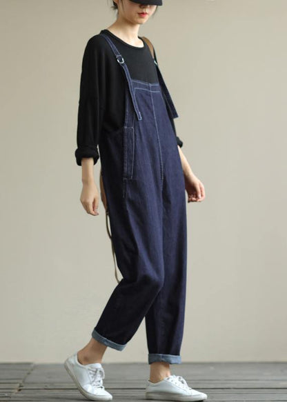 Literary Loose Denim Suspenders Adjustable Cropped Trousers