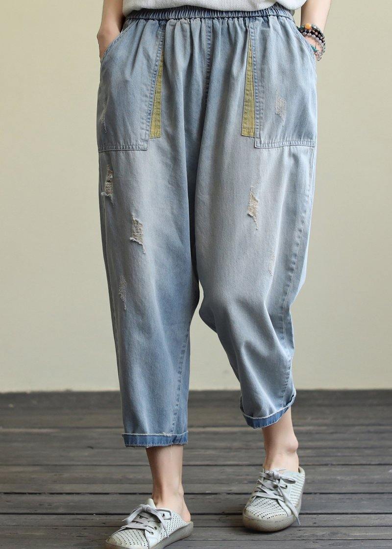 Literary Loose Loose White Stitching Hole Denim Cropped Harem Pants