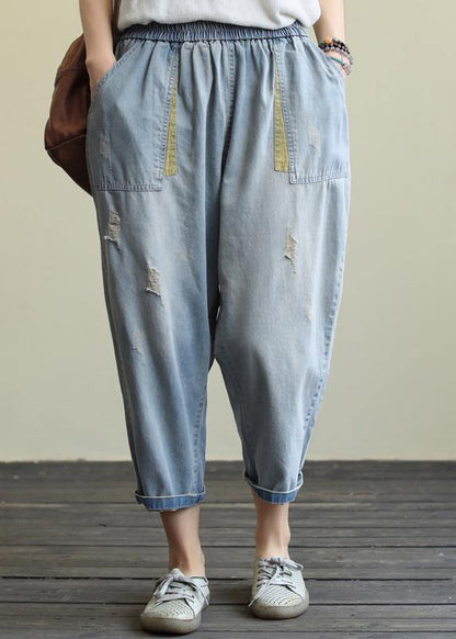 Literary Loose Loose White Stitching Hole Denim Cropped Harem Pants