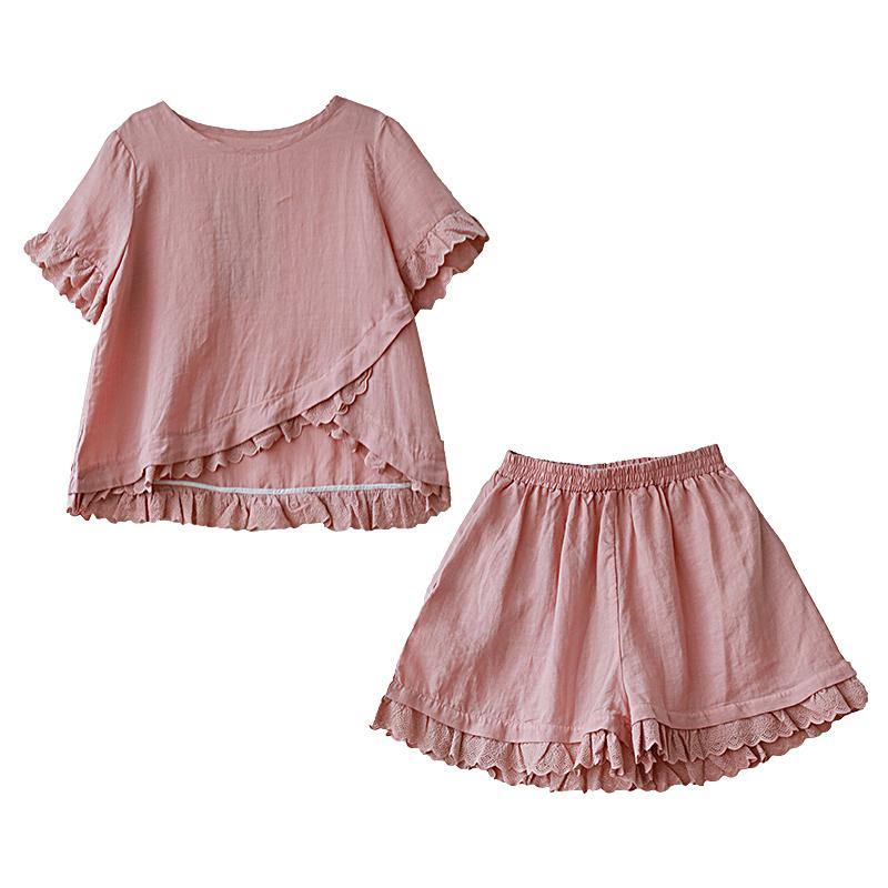 Literary Yellow Suit Lace Lace Irregular Round Neck Short Sleeve Shorts Two-piece Suit