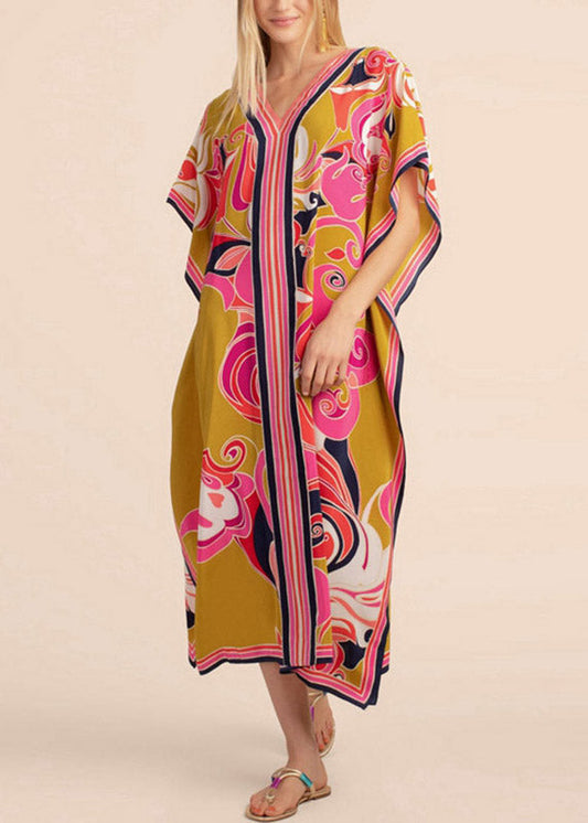 Long Kaftan Printed Bikini Cover Ups Yellow V Neck