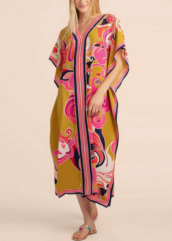 Long Kaftan Printed Bikini Cover Ups Yellow V Neck