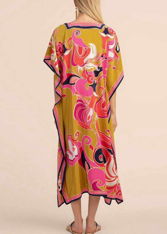 Long Kaftan Printed Bikini Cover Ups Yellow V Neck