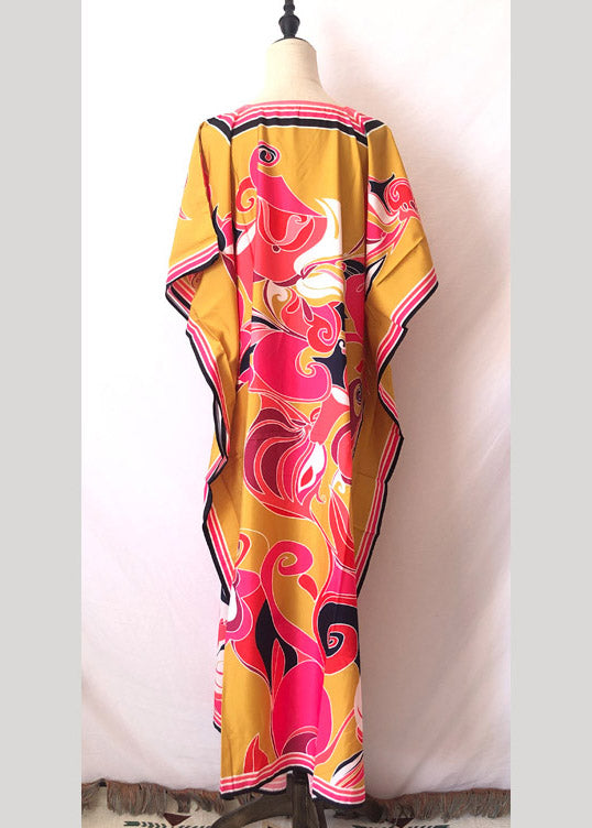 Long Kaftan Printed Bikini Cover Ups Yellow V Neck