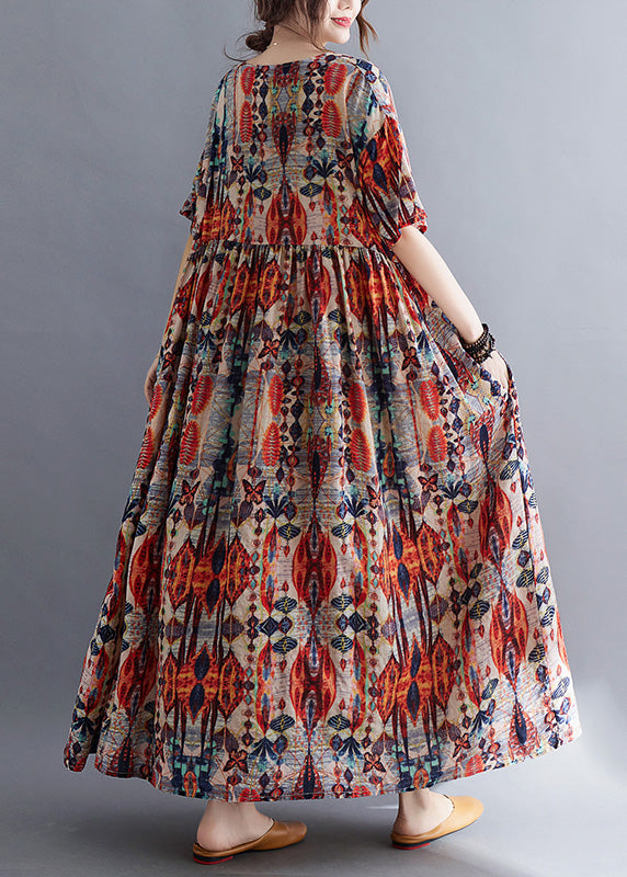 Long Red O-neck Patchwork Cozy Cotton Maxi Dresses Summer