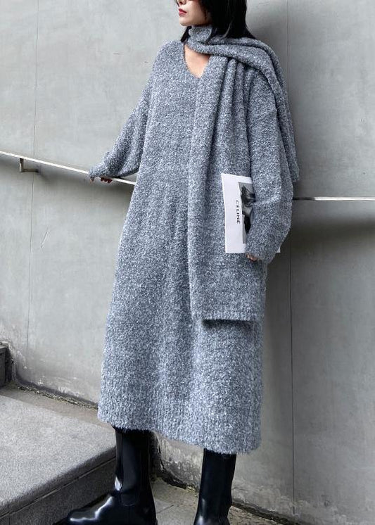 Long Woolen Dress Over the Knee Thick and Loose, Bottom With Scarf Gray Knitted Dress