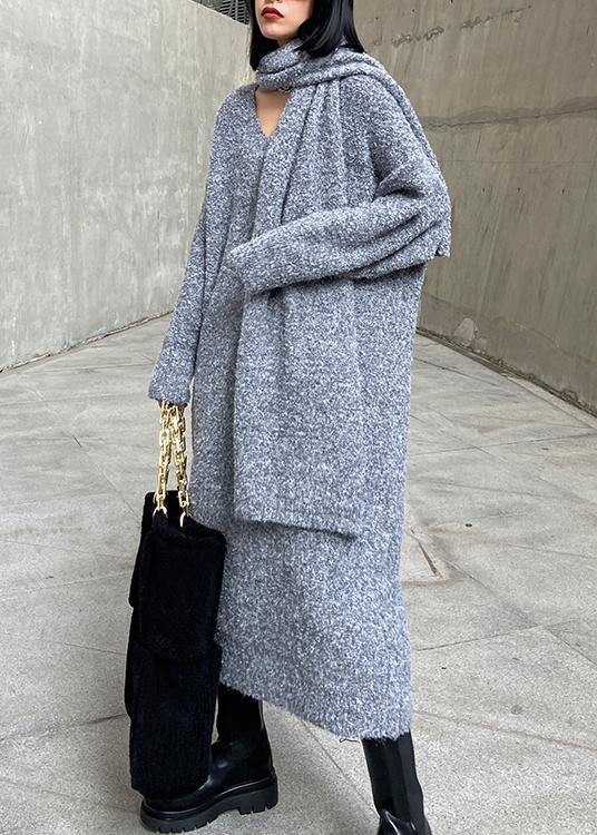 Long Woolen Dress Over the Knee Thick and Loose, Bottom With Scarf Gray Knitted Dress