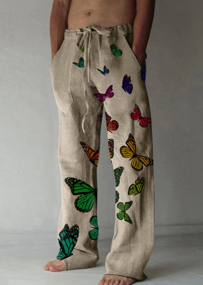 Loose Apricot Butterfly Print Lace Up Cotton Pants Summer