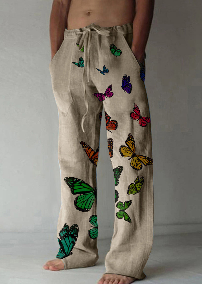 Loose Apricot Butterfly Print Lace Up Cotton Pants Summer