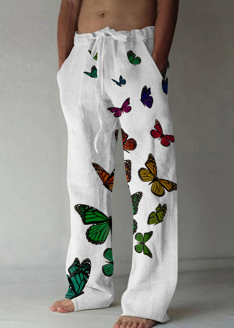 Loose Apricot Butterfly Print Lace Up Cotton Pants Summer