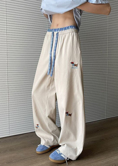Loose Apricot Embroideried Pockets Drawstring Cotton Pants Summer