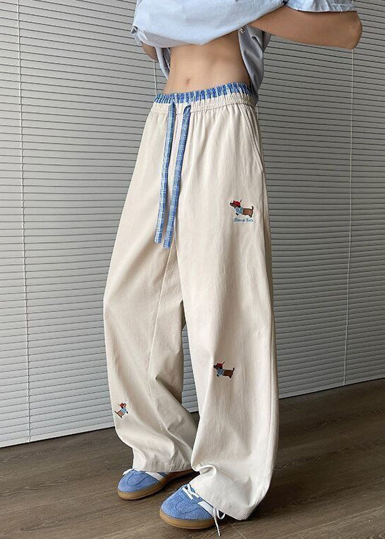 Loose Apricot Embroideried Pockets Drawstring Cotton Pants Summer