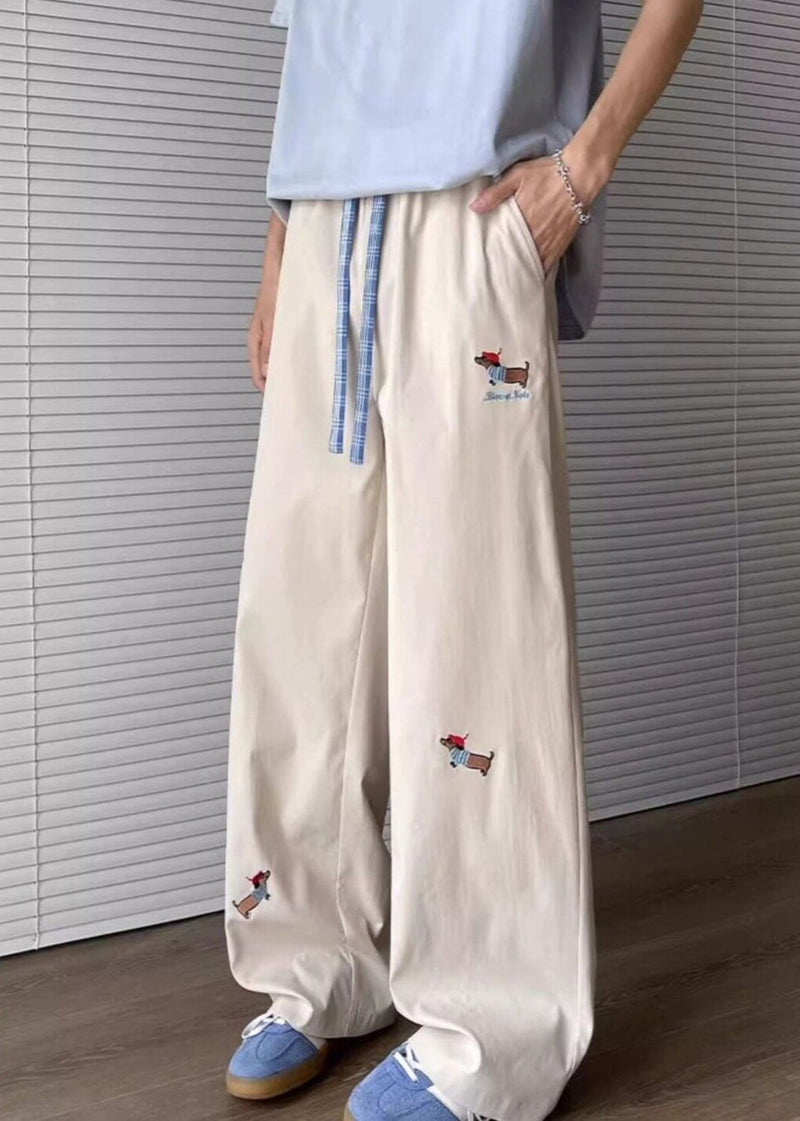 Loose Apricot Embroideried Pockets Drawstring Cotton Pants Summer