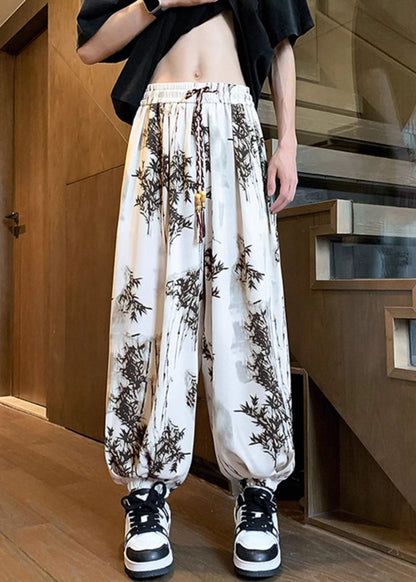 Loose Apricot Lace Up Elastic Waist Ice Silk Beam Pants Summer