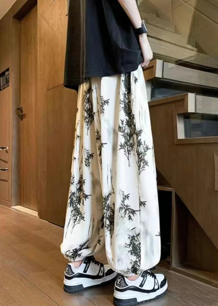 Loose Apricot Lace Up Elastic Waist Ice Silk Beam Pants Summer