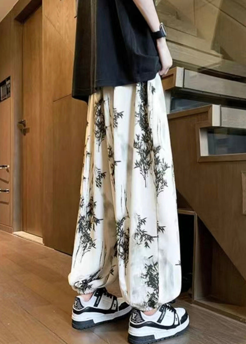 Loose Apricot Lace Up Elastic Waist Ice Silk Beam Pants Summer