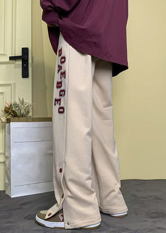 Loose Apricot Letter Button Side Open Warm Fleece Pants Spring