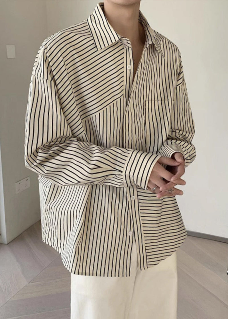 Loose Apricot Peter Pan Collar Striped Cotton Shirts Spring