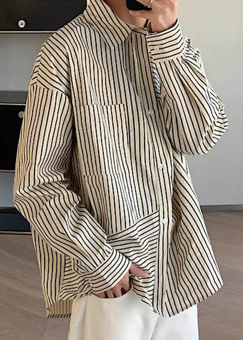 Loose Apricot Peter Pan Collar Striped Cotton Shirts Spring