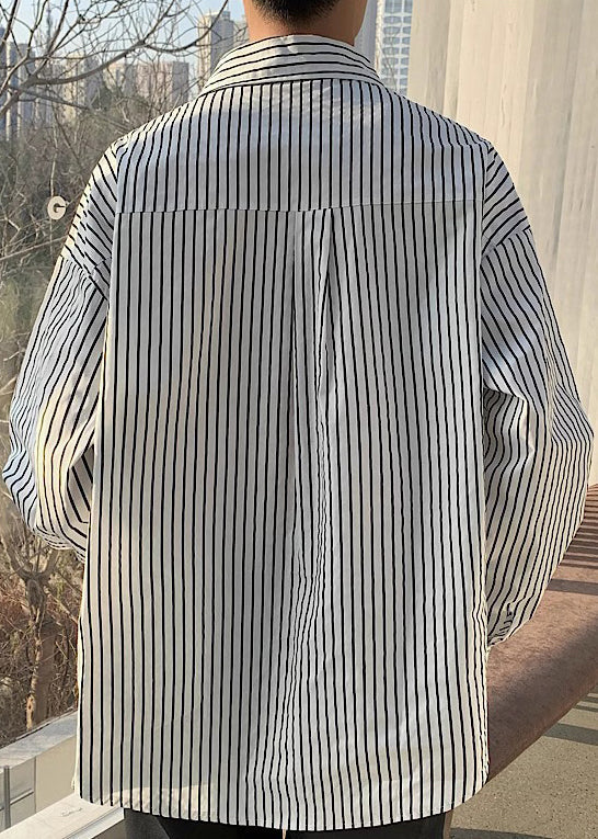 Loose Apricot Peter Pan Collar Striped Cotton Shirts Spring