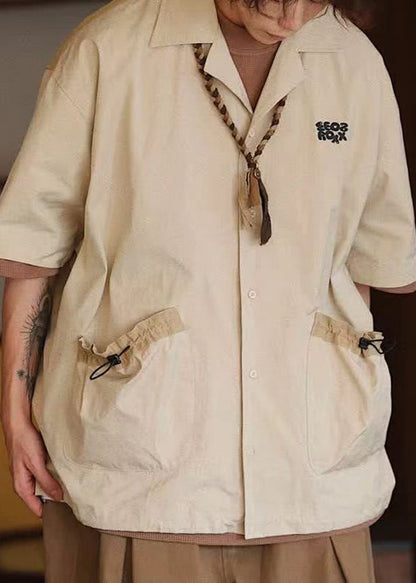 Loose Apricot Pockets Drawstring Cotton Shirts Half Sleeve