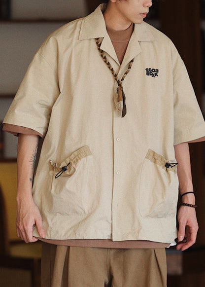 Loose Apricot Pockets Drawstring Cotton Shirts Half Sleeve