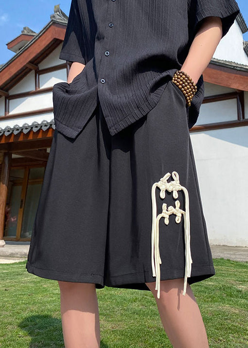 Loose Apricot Tasseled Pockets Elastic Waist Ice Silk Shorts Summer