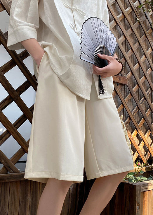 Loose Apricot Tasseled Pockets Elastic Waist Ice Silk Shorts Summer