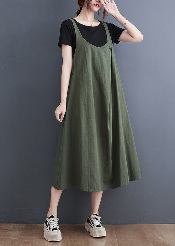 Loose Army Green O-neck Patchwork Strap Dress Summer