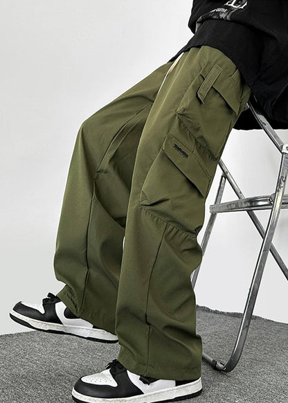 Loose Army Green Pockets Drawstring Cotton Pants Spring