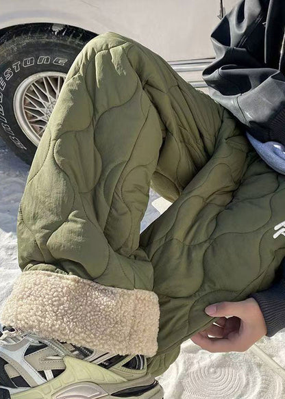 Loose Army Green Pockets Patchwork Warm Fleece Pants Winter