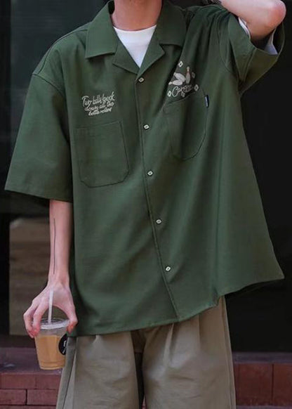 Loose Army Green Print Pockets Ice Silk Shirts Half Sleeve