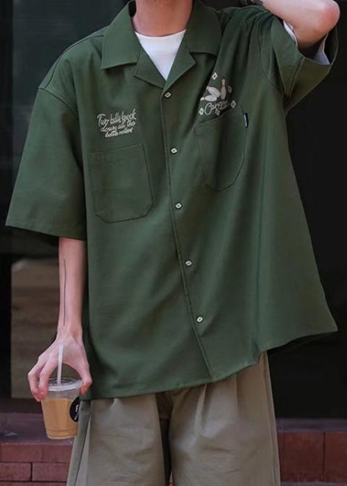 Loose Army Green Print Pockets Ice Silk Shirts Half Sleeve