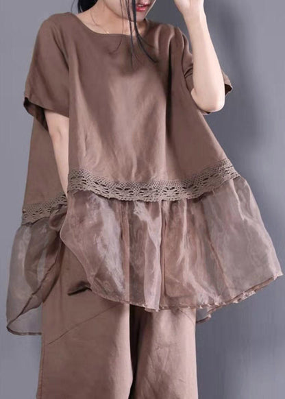 Loose Baggy Chocolate O-neck Top and Crop Pants Two Pieces Set Summer