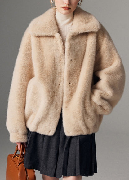 Loose Beige Button Drawstring Detachable Leather and Fur Coats Winter