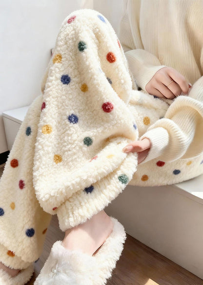 Loose Beige Colorful Dots Elastic Waist Fluffy Pants Winter