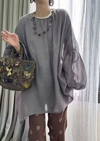 Loose Beige O-Neck Solid Top Lantern Sleeve