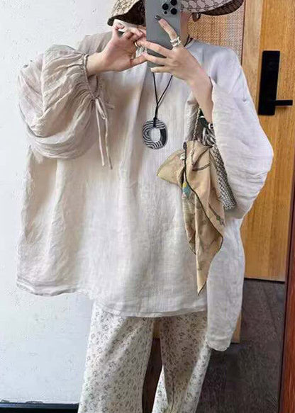 Loose Beige O-Neck Solid Top Lantern Sleeve
