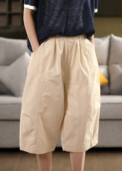 Loose Beige Original Design Elastic Waist Cotton Crop Pants